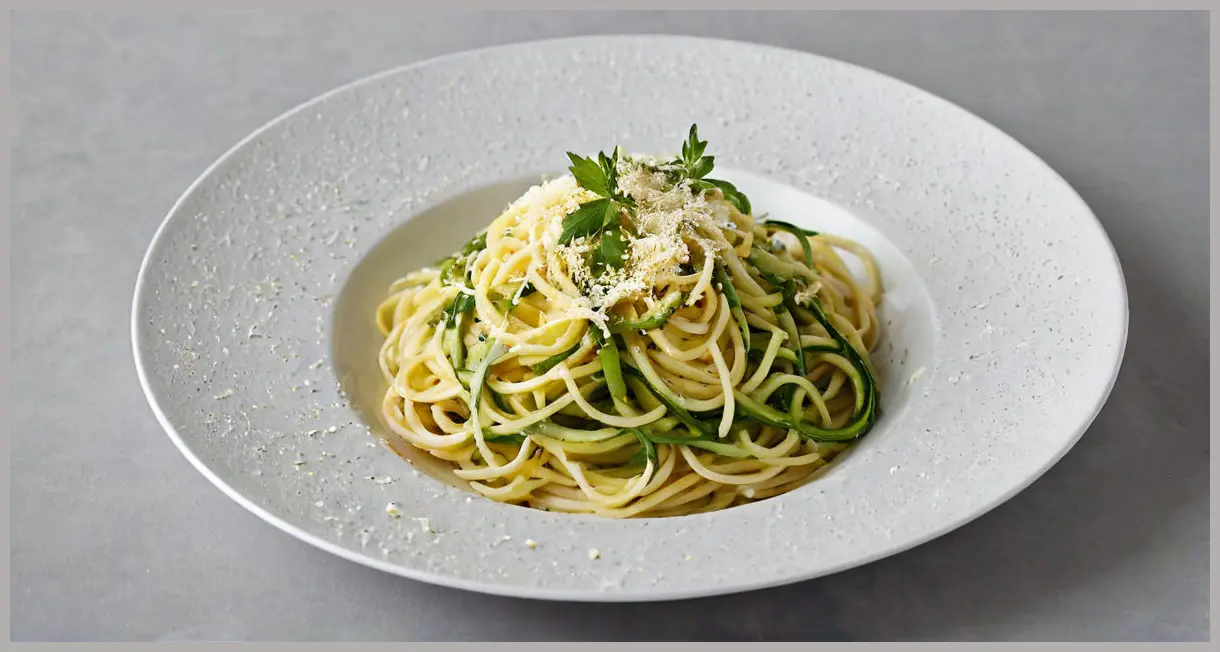 Overhead shot of a white ceramic plate with vegan pesto spaghetti, fanned courgette ribbons, broad beans, and a radial lemon zest sprinkle.