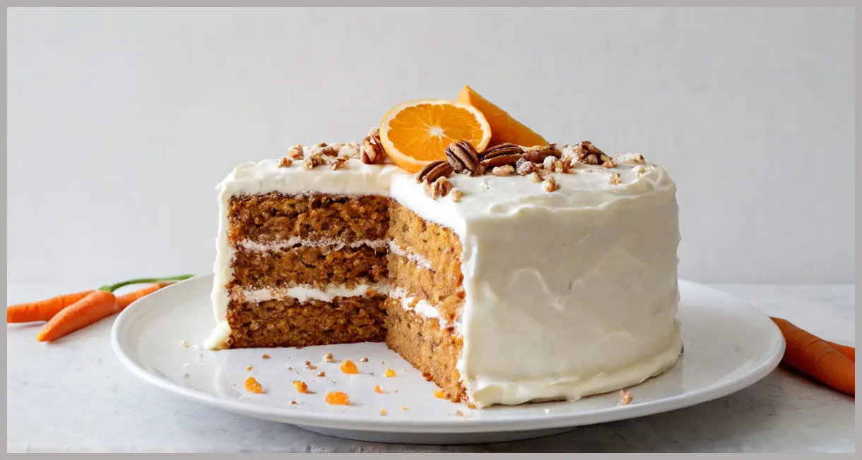 Paul Hollywood’s ultimate carrot cake with piped frosting rosettes and a candied orange zest curl, shot in a fresh, modern style on white.