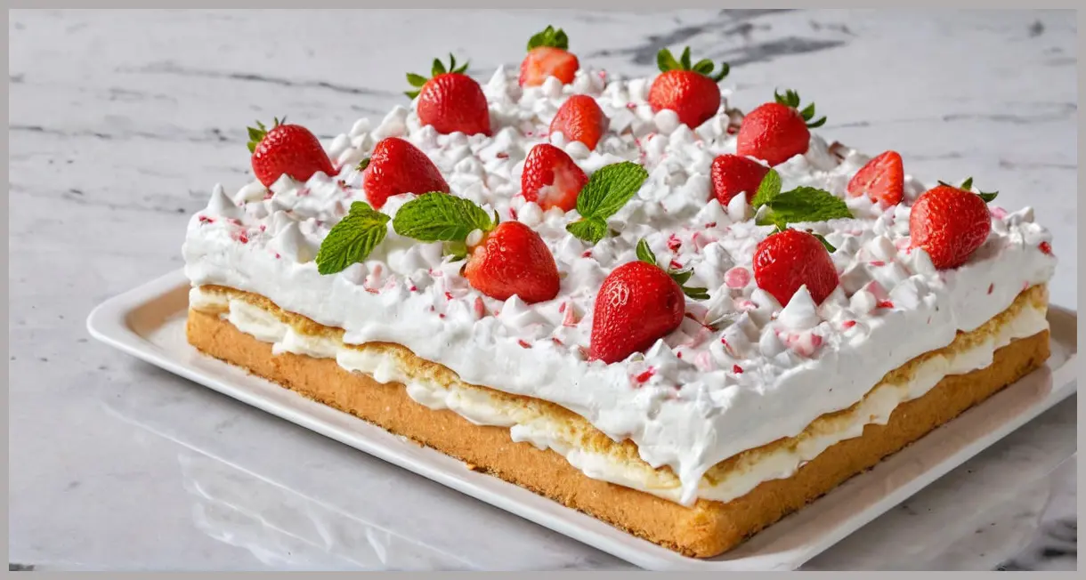 Wide-angle shot of Eton mess traybake on marble countertop, icing sugar dust, mint garnish, and decorative strawberries. Eton mess traybake