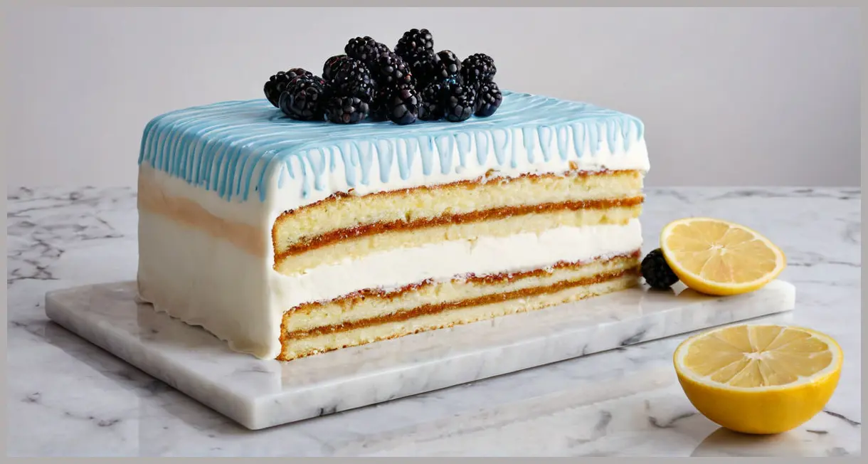 Wide shot of a Lemon and blackberry stripe cake on marble, surrounded by fresh blackberries and lemon wedges in cool blue light.