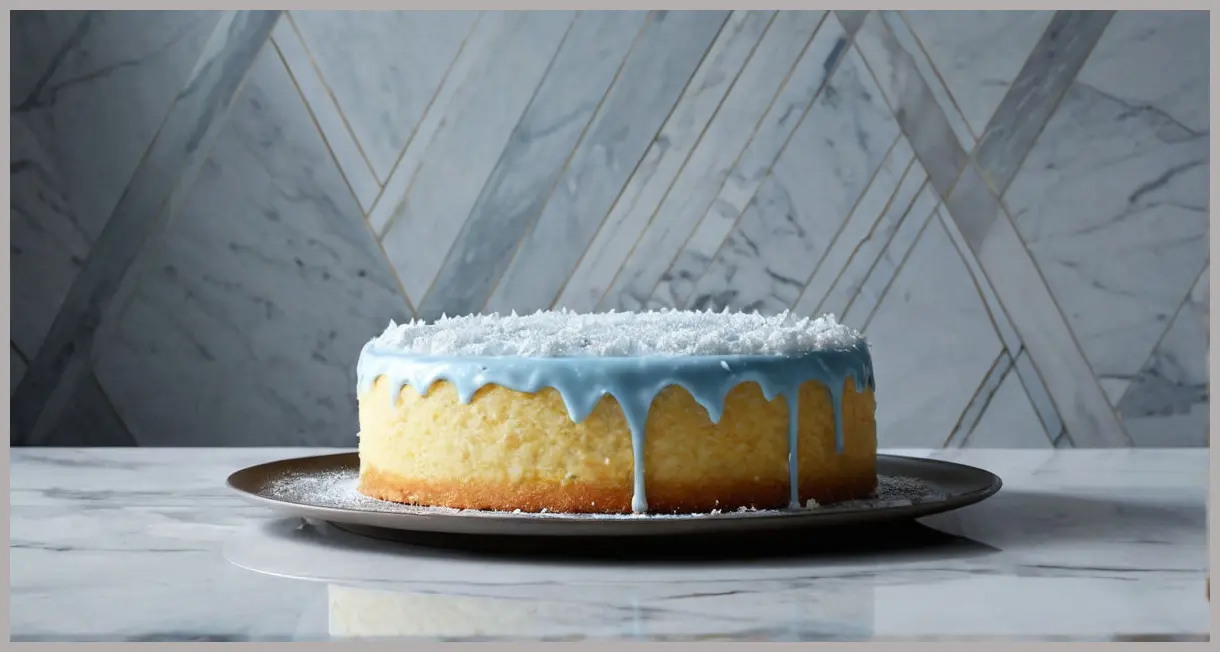 Dutch angle shot of lemon and coconut cake, cool side lighting, marble slab, modern kitchen, high contrast, moody and sophisticated vibe.