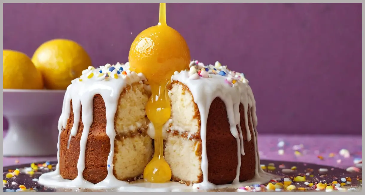 A split Pop Cake revealing a molten honey core, with lemon icing dripping and popping candy bursting mid-air. Pop cakes