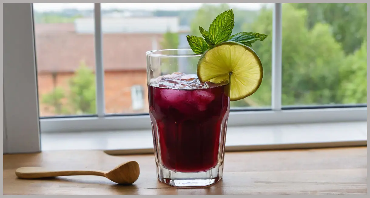 Secret garden cocktail base with blackcurrant syrup, lime, and mint in a glass, a wooden muddler poised above, under bright natural light.
