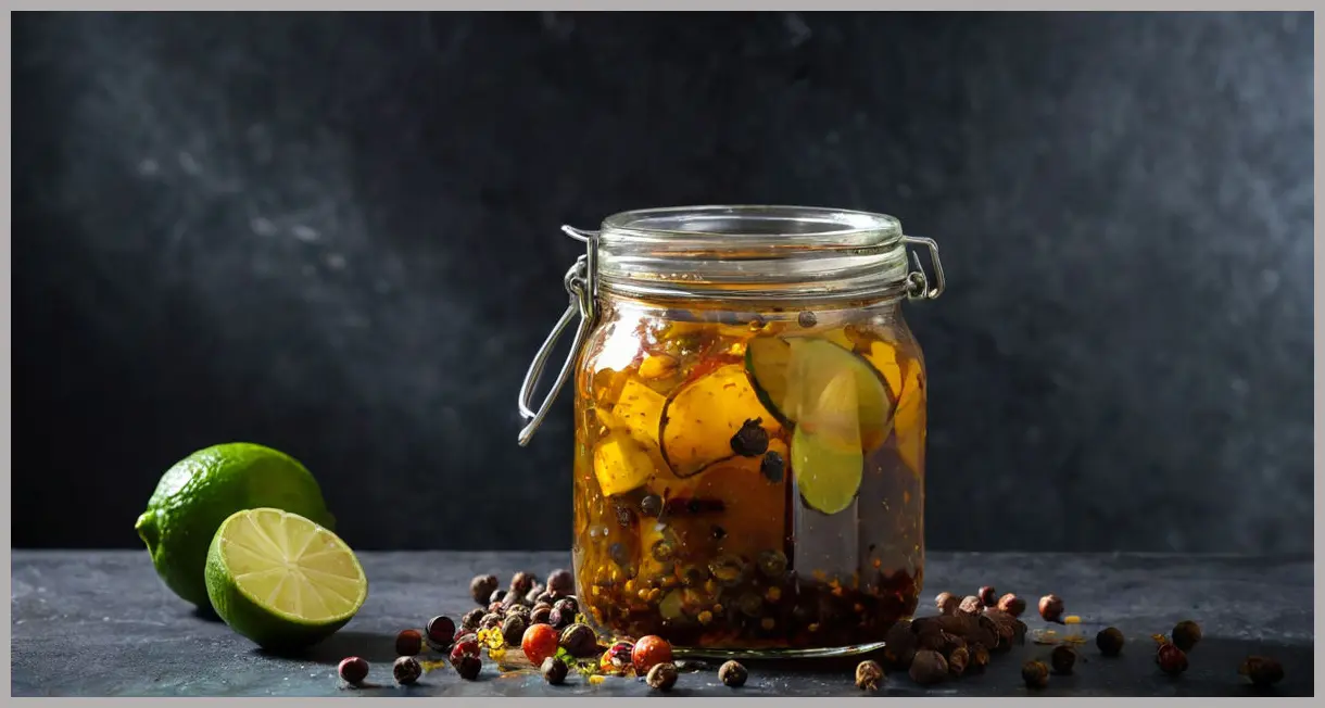 A jar of lime pickle glows in side light, surrounded by spices, with condensation hinting at fresh tanginess. Lime pickle