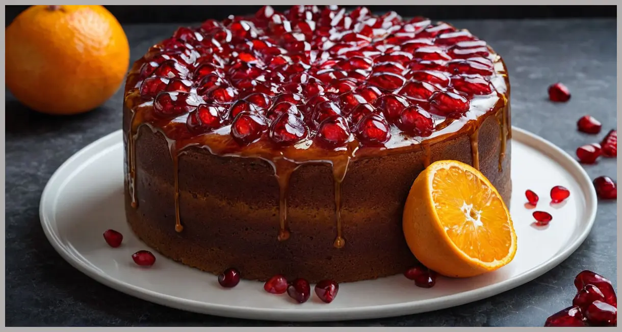 Eric Lanlard’s clementine and pomegranate cake (gluten-free) in side angle, backlit to highlight glistening pomegranate seeds and moist interior, moody and luxurious.