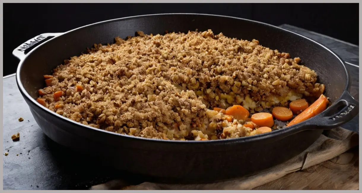 Dutch angle shot of confit parsnip and carrot crumble in cast-iron dish, moody lighting, glistening olive oil, textured topping. Confit parsnip and carrot crumble