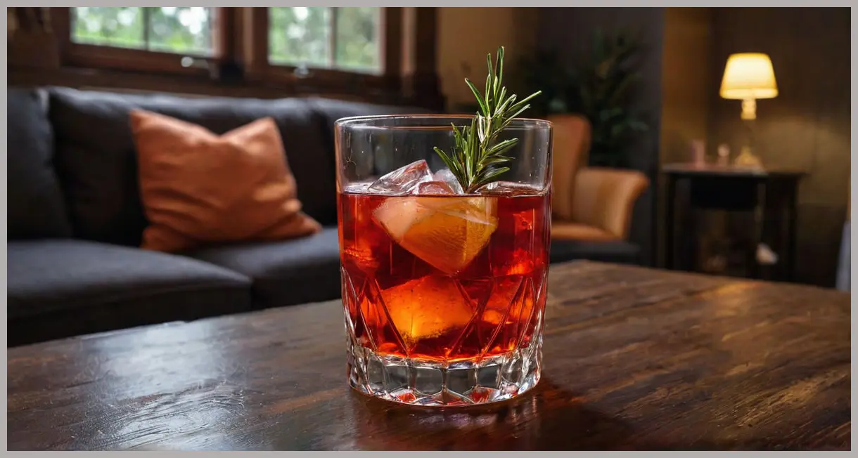 A photorealistic, moody wide shot of a Negroni sbagliato (negroni spritz) cocktail on a polished dark wood table, lit by a warm lamp glow, with a rosemary sprig.