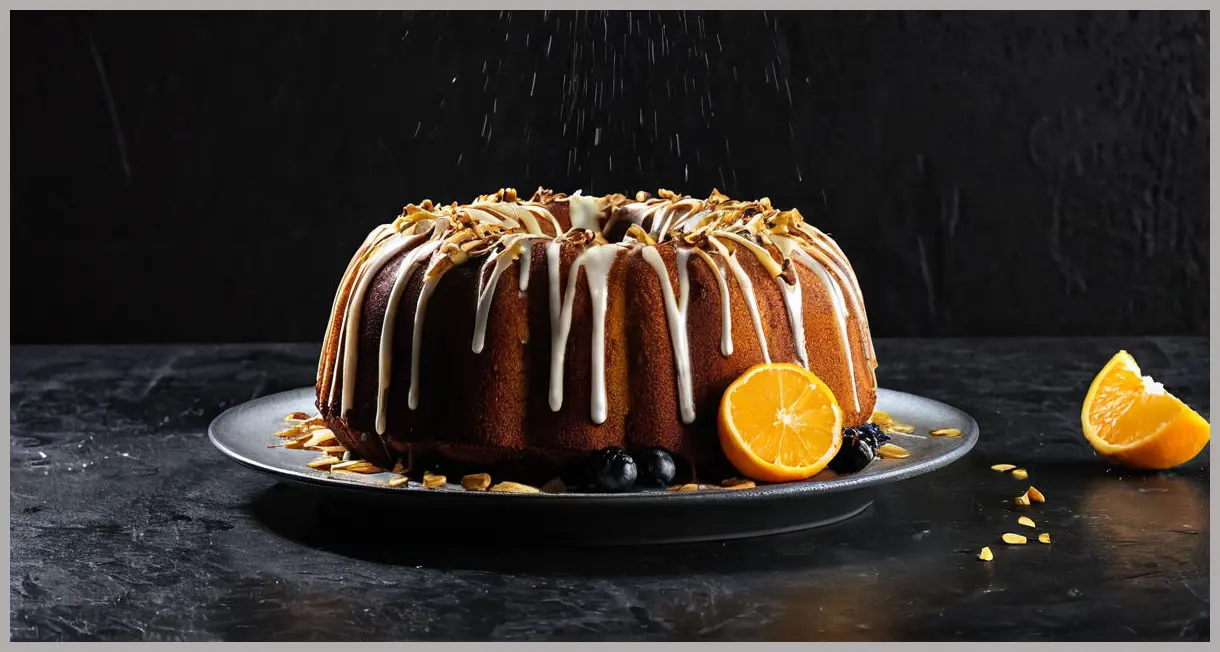 Dutch angle shot of a bundt cake with neon glow, blackberries, and lime on slate. Summer-cup bundt drizzle cake