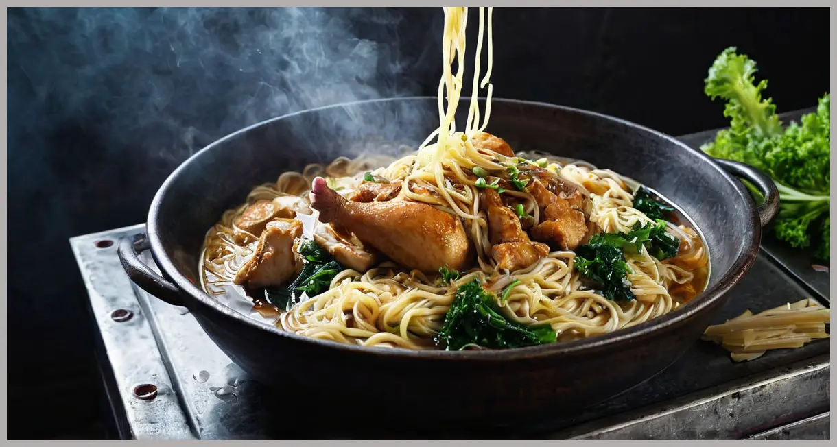 A dramatic dutch angle shot of Chinese chicken with noodles on a metal tray, side-lit with cool blue tones, highlighting glistening broth and tangled noodles. Chinese chicken with noodles