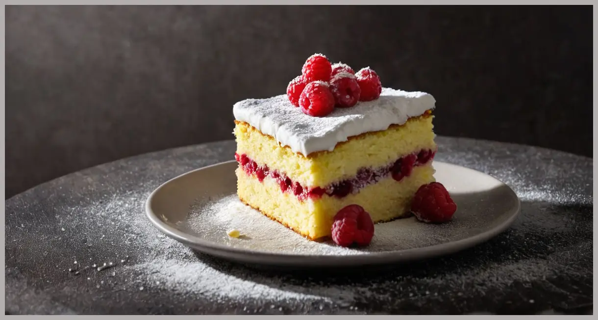 Macro shot of Raspberry and lemon sponge cake, single raspberry on top, icing sugar dusting illuminated by dramatic side lighting.