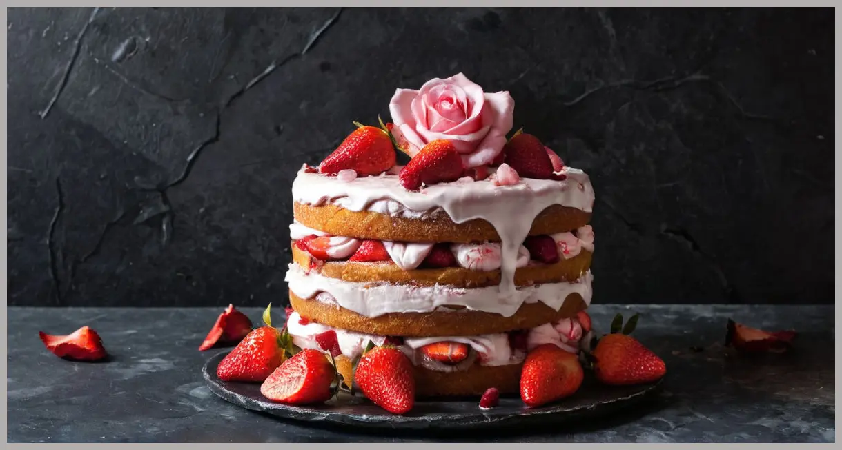 Dutch angle shot of a Strawberry and Rose Victoria Sponge Sandwich on slate, with dramatic pink lighting. Strawberry and rose victoria sponge sandwich
