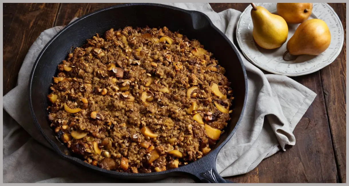 Dutch angle shot of a cast-iron skillet with stuffing, caramelised onions, pears, chestnuts, dramatic low-key lighting, rustic and moody. Caramelised onion, pear and chestnut stuffing