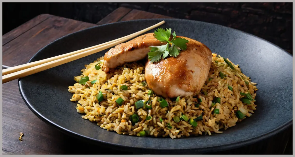 Dutch angle shot of chicken and egg fried rice on a dark slate plate, garnished with lime and coriander. Moody evening lighting. Chicken and egg fried rice