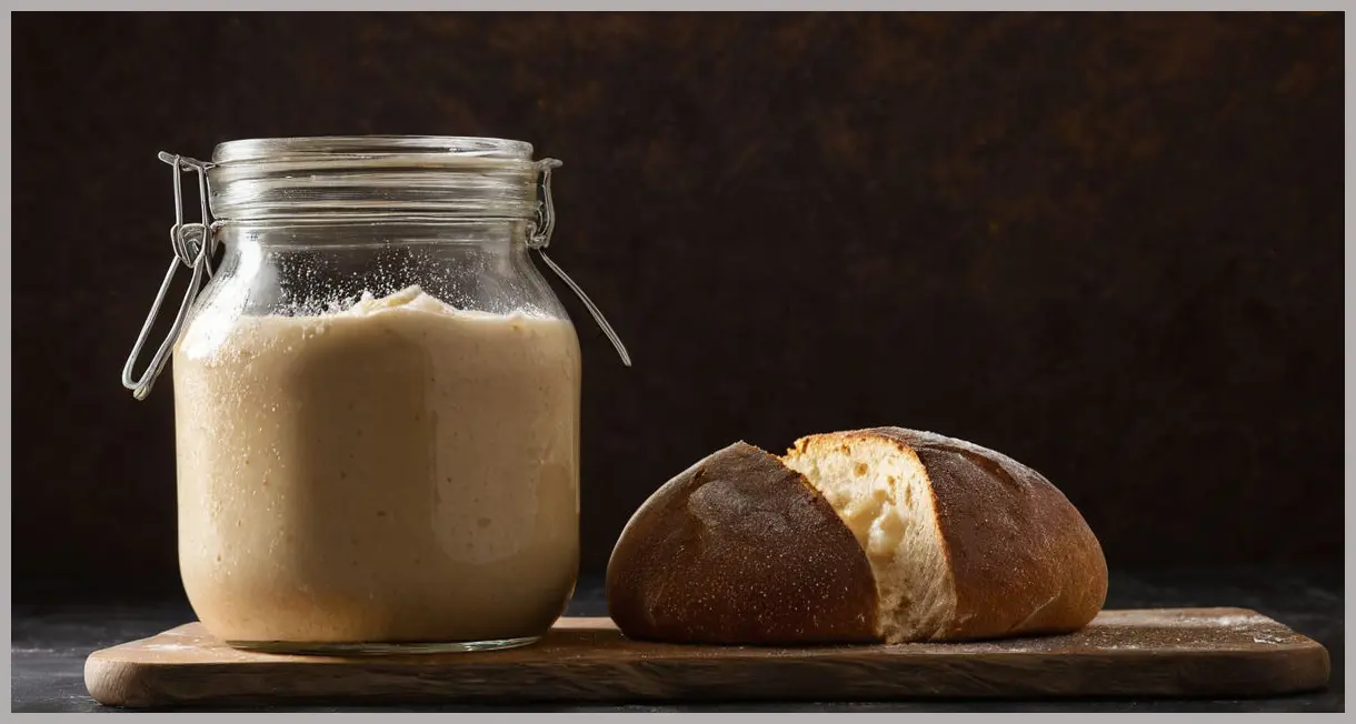 Dutch angle shot of The Dusty Knuckle’s sourdough starter in a mason jar, spotlight casting dramatic shadows, thick bubbly texture, dark moody background.