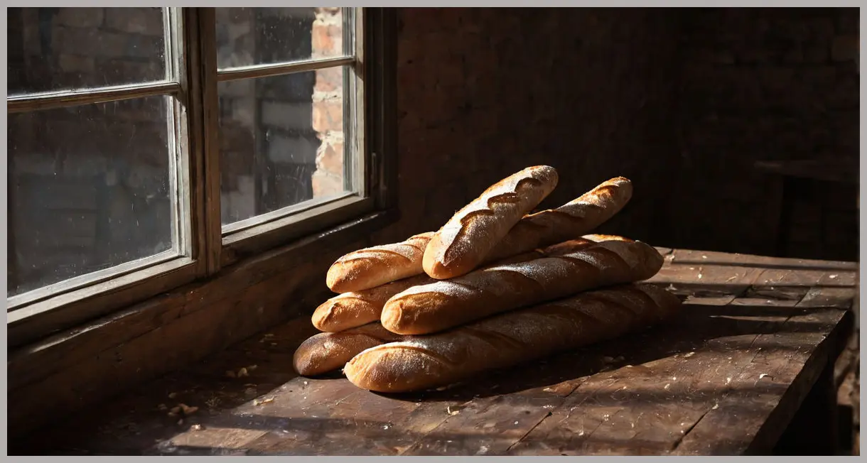 Dutch angle shot of The Dusty Knuckle’s linseed baguettes stacked unevenly, dramatic side lighting, dark wood table, moody artisanal vibe.