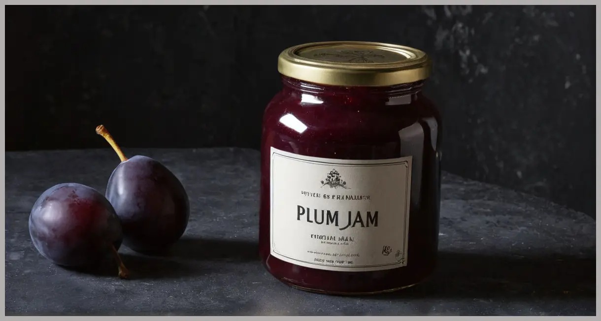 Dutch angle shot of a vintage-style jar of plum and vanilla jam, cracked label, moody low-key lighting, deep shadows, Plum and vanilla jam