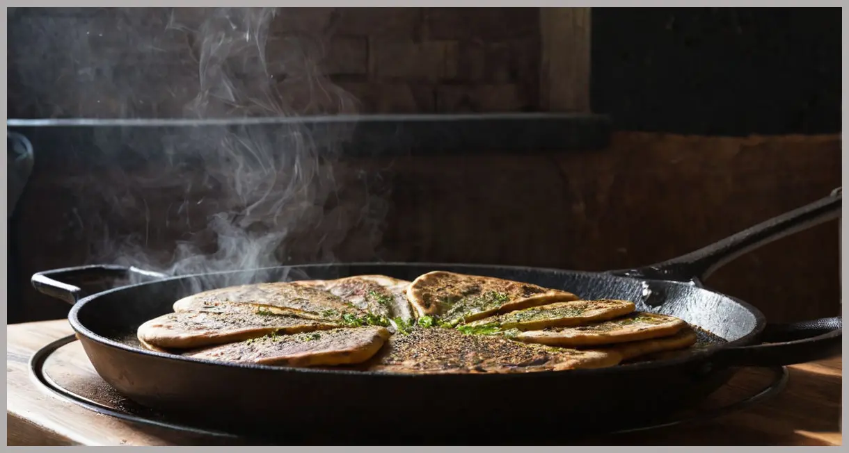 Griddled za’atar flatbreads draped over a cast iron skillet, steam rising under moody kitchen light, deep shadows and warm highlights.