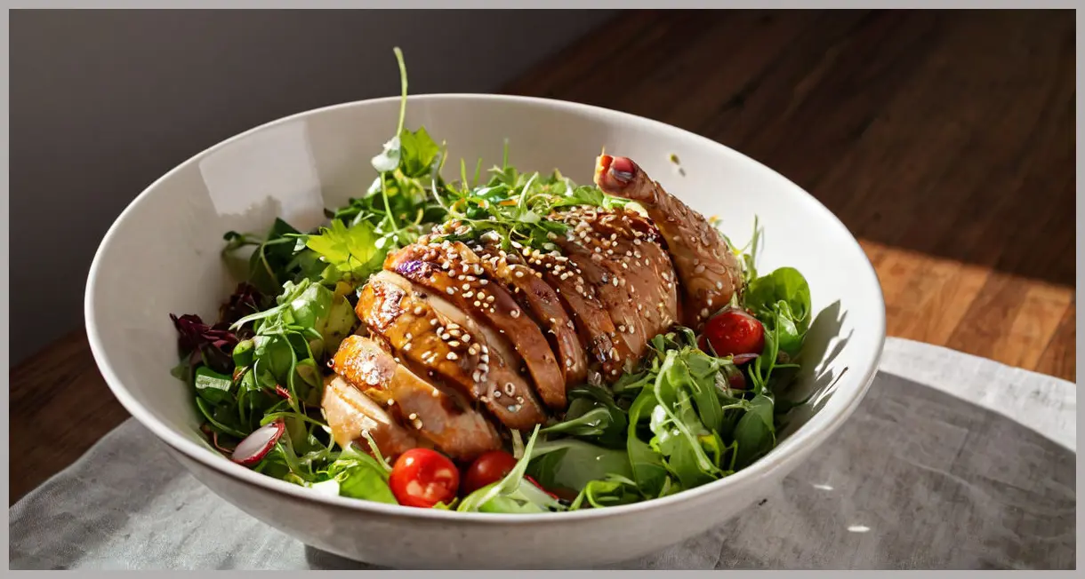 Dutch angle shot of a soy-glazed chicken salad in a ceramic bowl, with dramatic side lighting, glistening glaze, and spilling herbs.