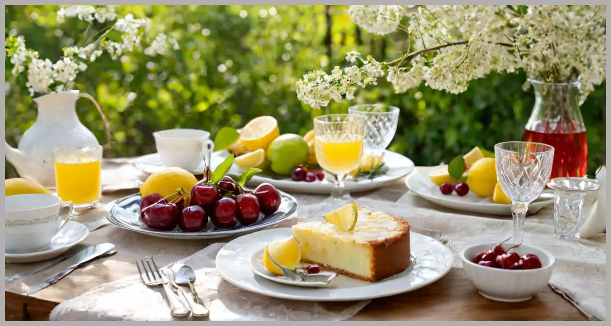 A backlit dining table with sliced Elderflower, Lemon and Cherry Cream Flourless Cake, fresh cherries, elderflower cordial, and polished silverware. Elderflower, lemon and cherry cream flourless cake