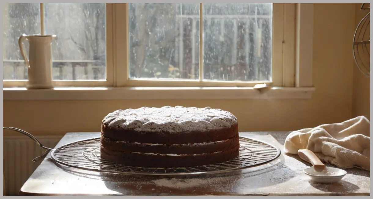 Wide shot of a freshly baked Easy flourless chocolate cake cooling on a wire rack in a cozy kitchen, dusted with powdered sugar, soft morning light, vintage utensils in background.