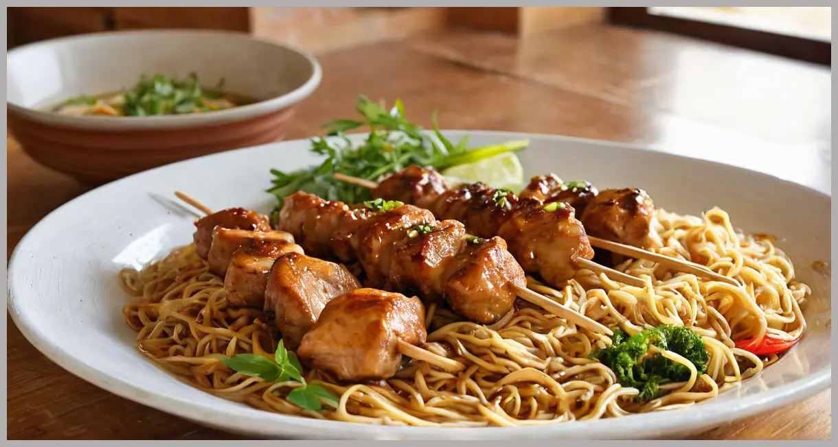 Wide-angle of five-spice skewers and chow mein in morning sunlight, steam rising, rustic ceramic dish, cozy kitchen setting. Five-spice chicken skewers with speedy chow mein