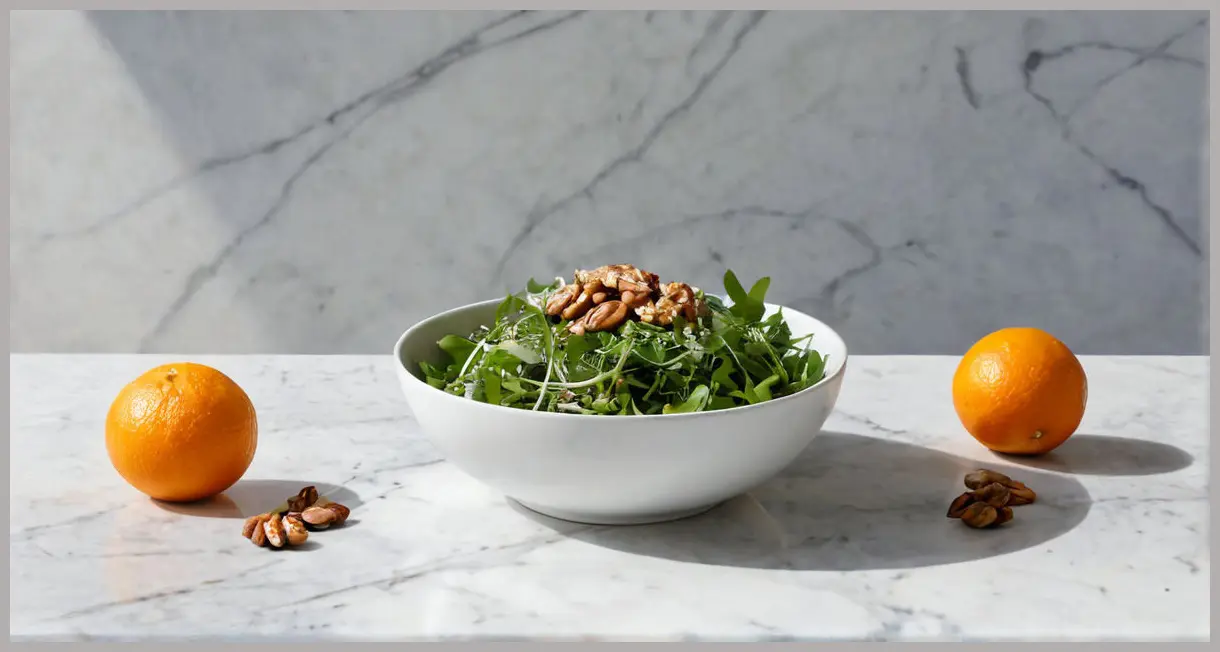Wide shot of orange, fennel and pea shoot salad with walnuts on marble, diffused morning light, soft pastel background, minimalist styling, delicate shadows.