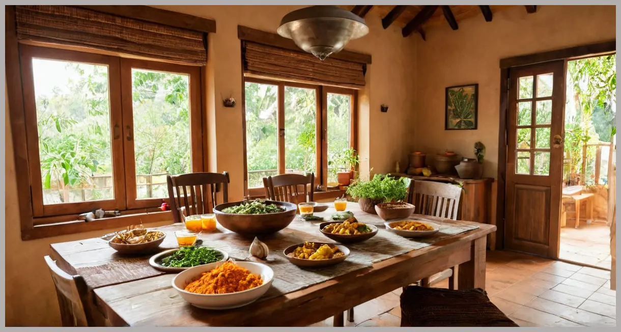 A wide shot of vegan jackfruit masala on a rustic table, bathed in morning sunlight, surrounded by sides. Cozy and inviting. Vegan jackfruit masala