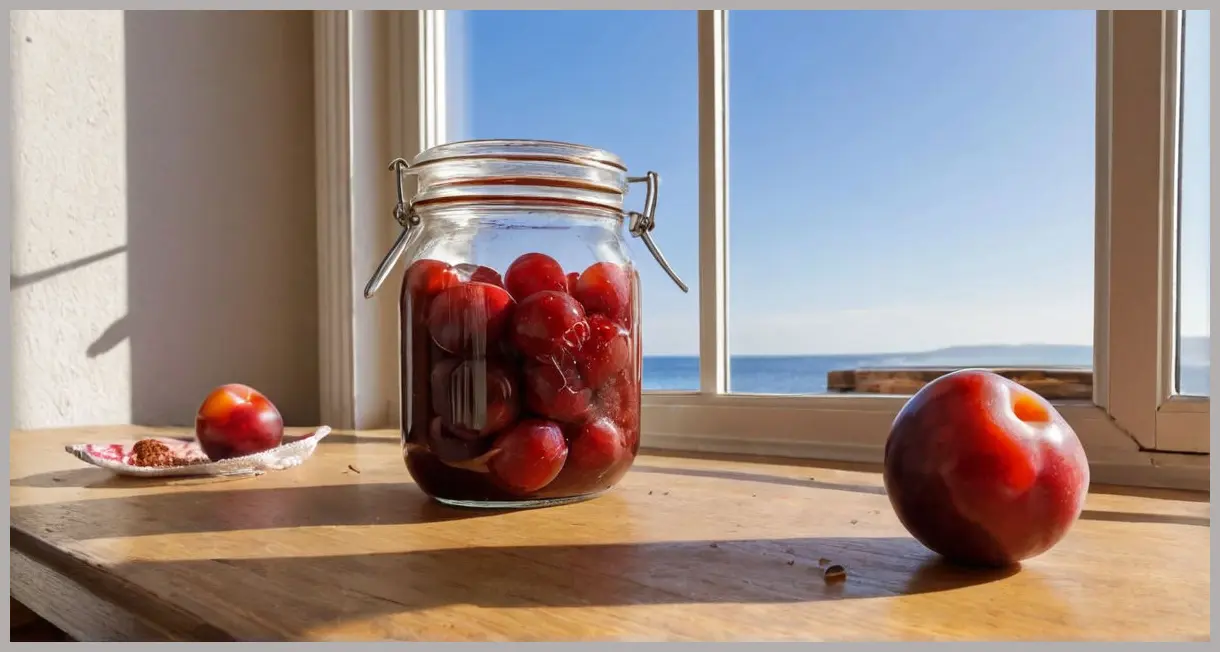 A wide-angle scene of a wooden table with British plum umeboshi ingredients: plums, salt, and vodka in morning sunlight. British plum umeboshi