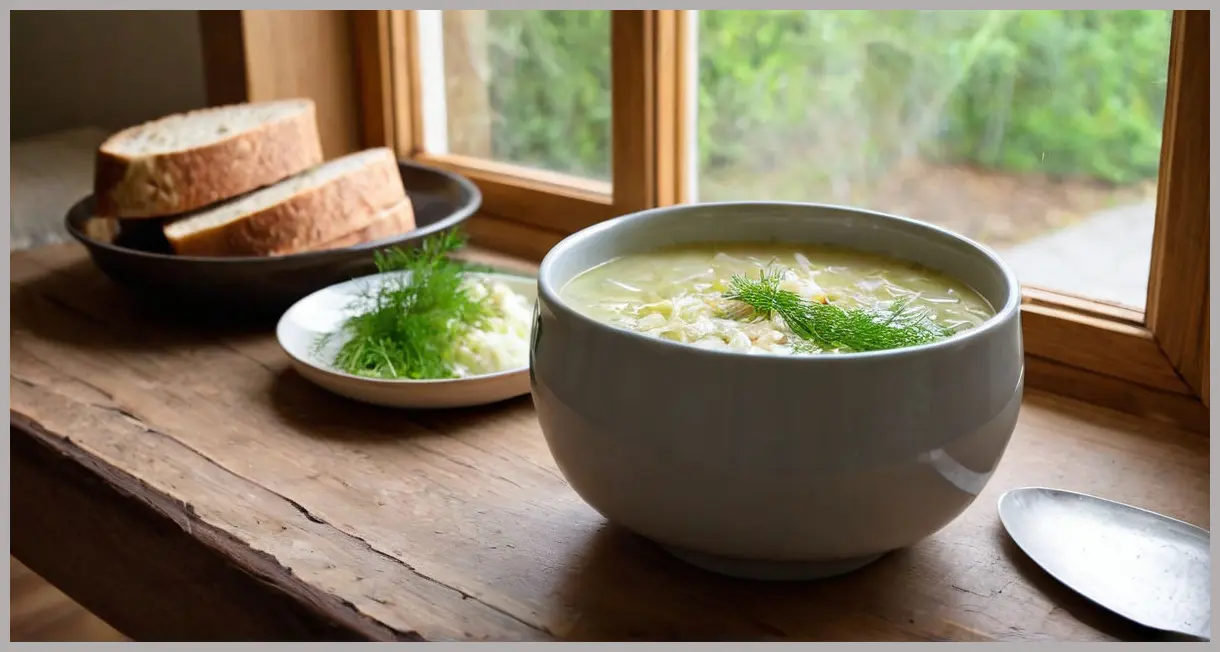 A bowl of Shchi (cabbage and caraway soup) on a wooden table, toasted rye bread, fresh dill, soft morning light. Shchi (cabbage and caraway soup)