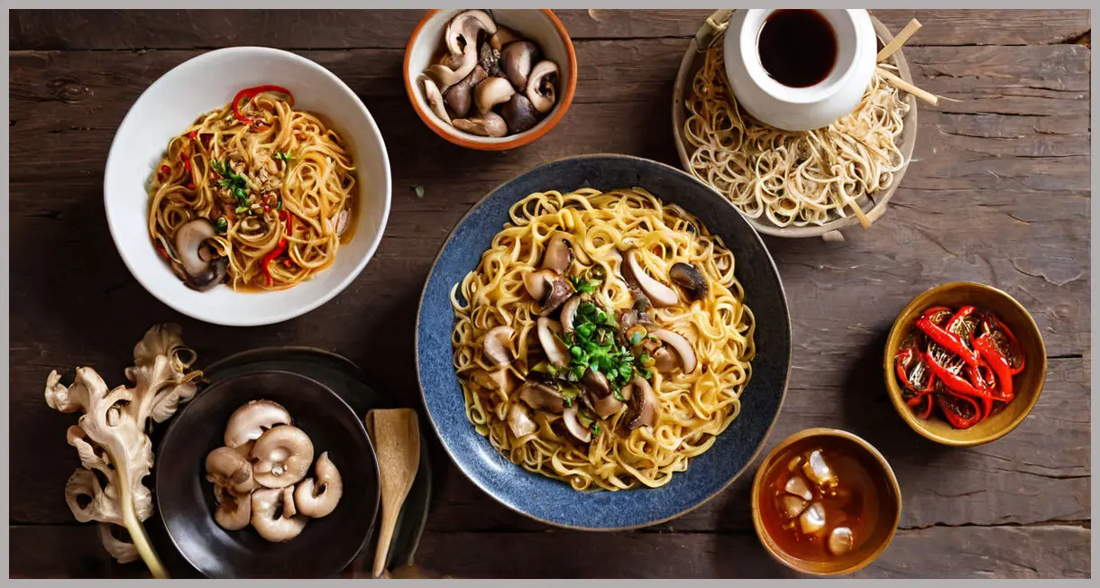 Overhead flat lay of fresh ingredients for Chinese noodles with mushrooms, arranged on a wooden table in golden hour light. Chinese noodles with mushrooms