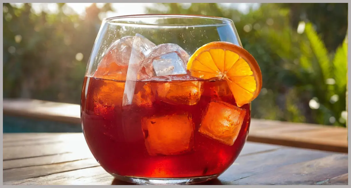 A vibrant ruby red Negroni punch in a chilled tumbler with a large ice sphere and an orange wheel garnish, captured in golden hour light.
