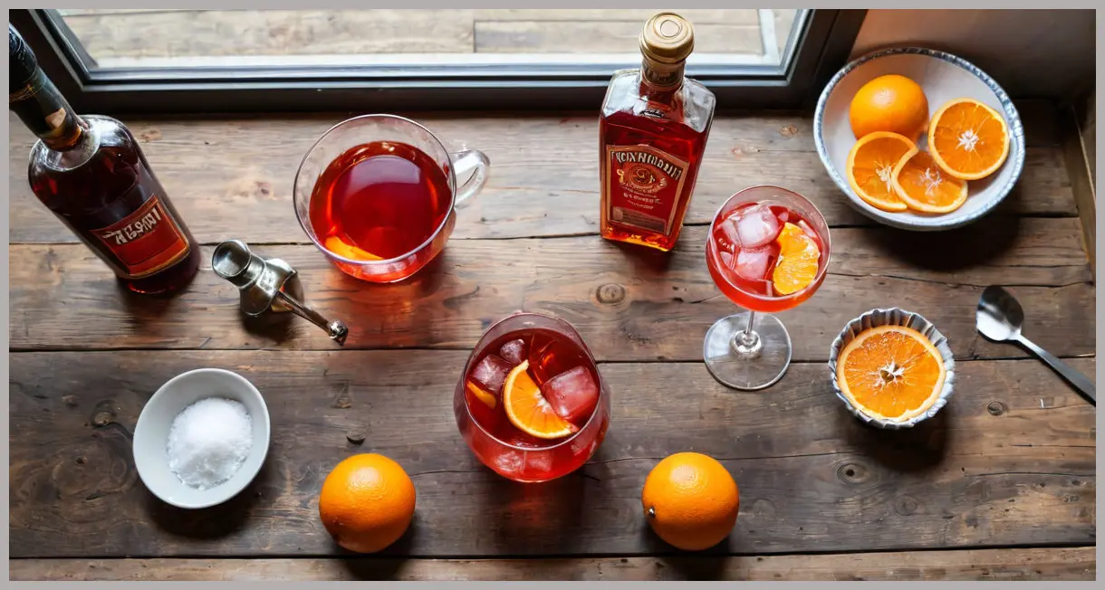 An overhead flat lay of Negroni punch ingredients: gin, Campari, sweet red vermouth, whole oranges, sugar, and a muddler on a wooden table.