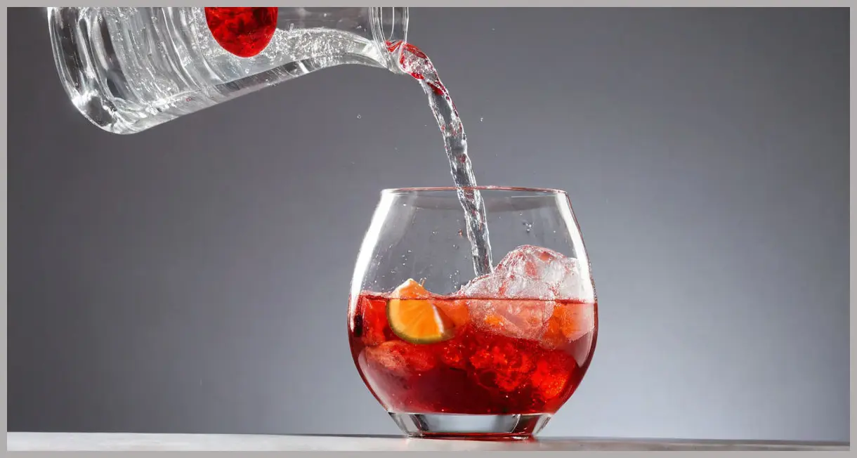 Dynamic scene of soda water being poured into a Negroni punch base in a large glass jug, creating effervescent bubbles and a vibrant ruby swirl.