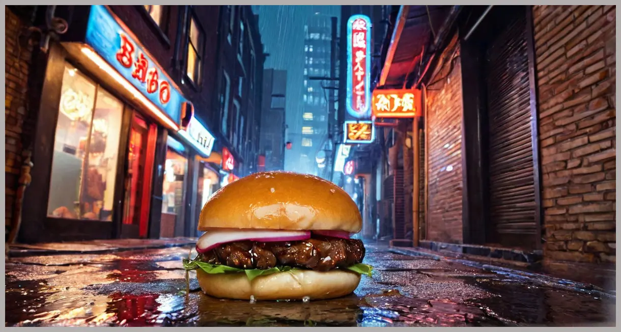 A single bao bun with braised shortrib and pickled daikon held in a neon-lit alleyway, steam rising against a moody urban backdrop.