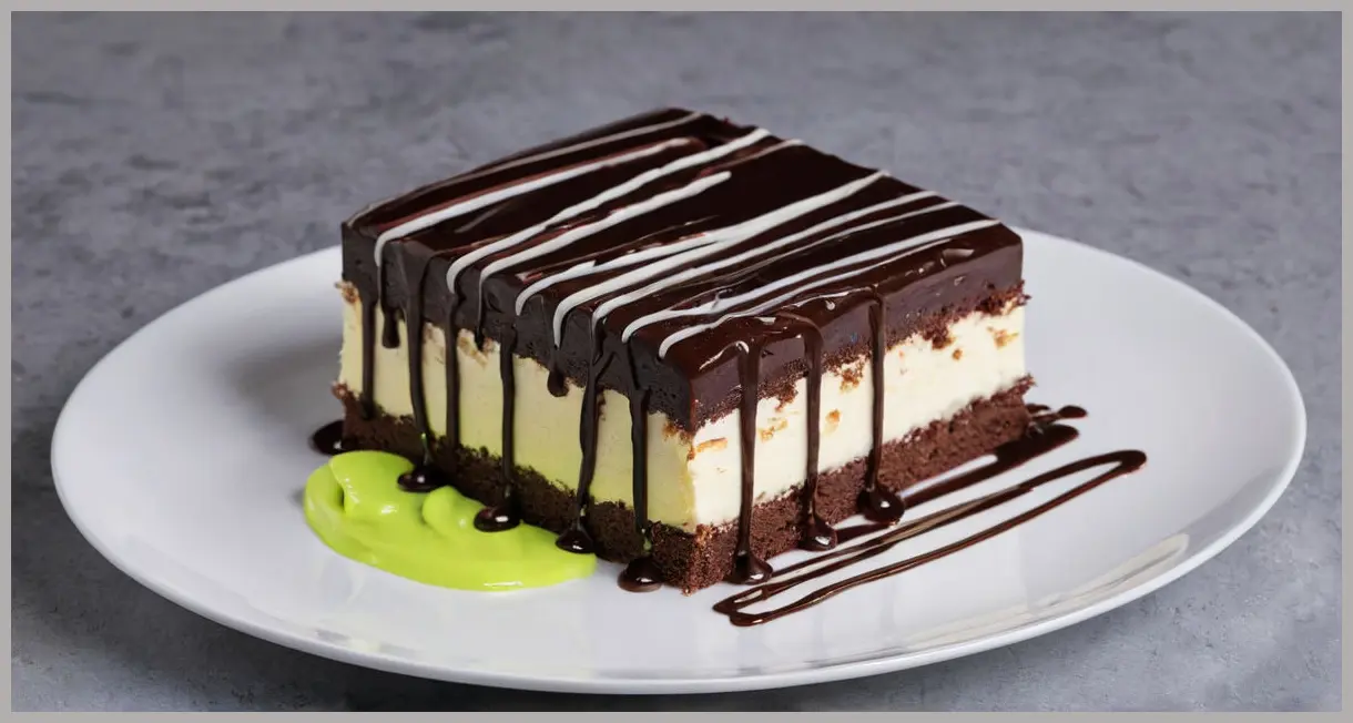 Dutch angle shot of creamy buttercream icing drizzled over dark chocolate, illuminated by neon glow. Simple buttercream icing