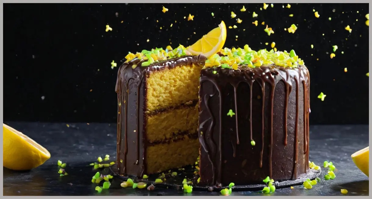 A single Pop Cake under neon glow, its lemon icing and honey core illuminated, with popping candy sparkling like stars. Pop cakes