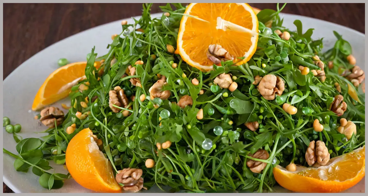 Extreme close-up of orange, fennel and pea shoot salad with walnuts, neon glow side lighting, iridescent citrus peel, crisp fennel, dewy pea shoots, ultra-sharp walnuts.