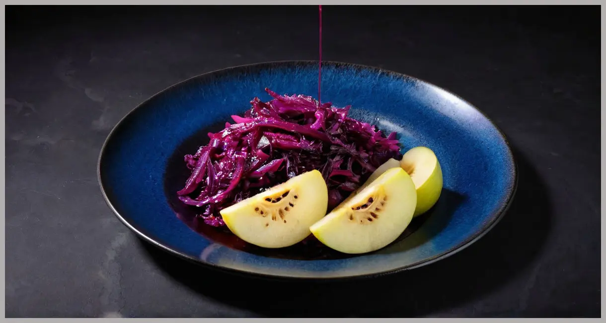 Dutch angle of stir-fried red cabbage with pear and five spice on a black plate, neon glow underneath, dramatic shadows.