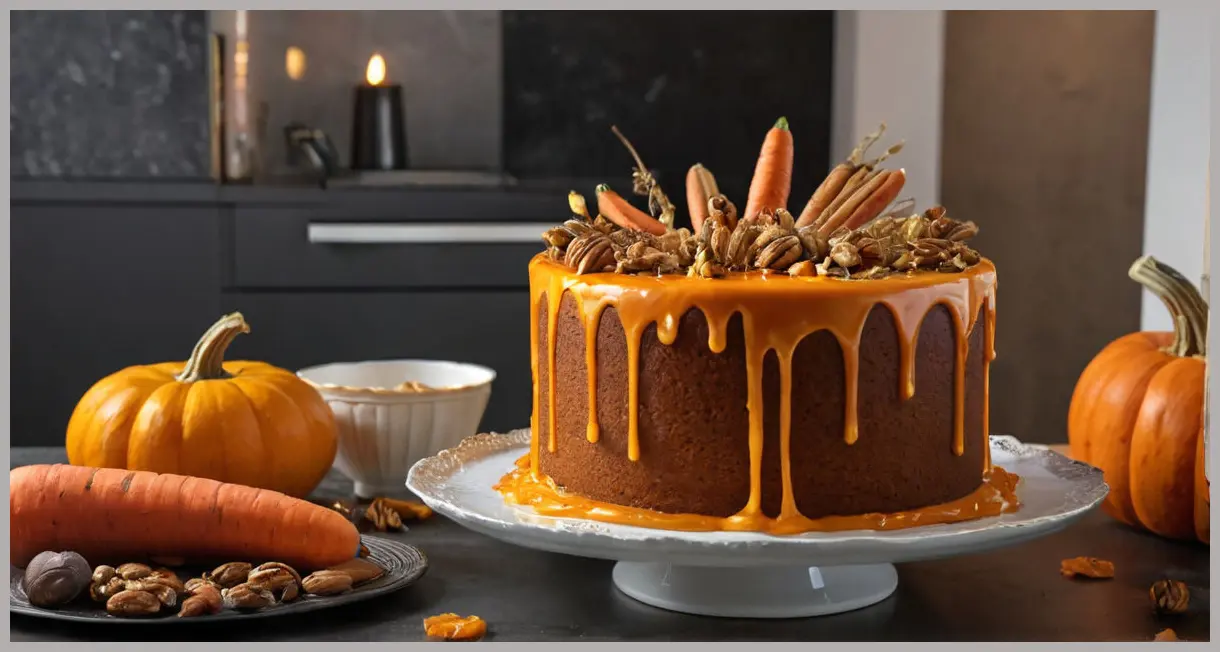 Eric Lanlard’s carrot and pumpkin celebration cake in a Dutch angle shot, illuminated by neon kitchen lights, with dramatic shadows.