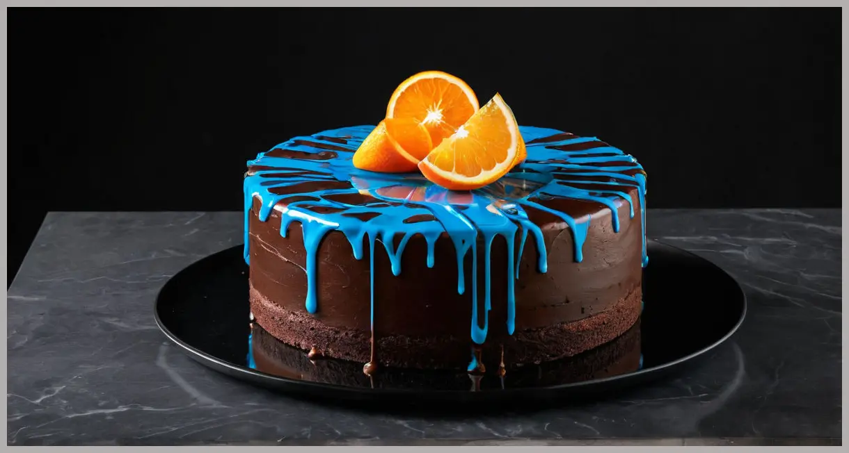 Mary Berry’s very best chocolate and orange cake under neon blue light, placed on black marble with high-contrast shadows and a futuristic vibe.