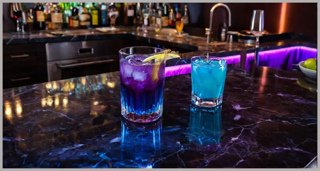 Crispy shallots on a dark marble countertop under neon bar lights, moody and vibrant. Crispy shallots