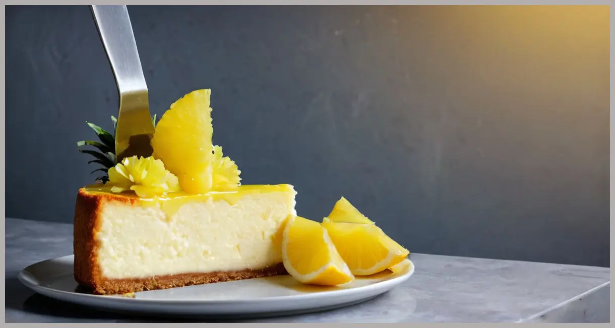 A dramatic dutch angle shot of Baked lemon cheesecake with pineapple flowers, side-lit with neon glow, slice lifted to reveal creamy layers and glowing pineapple flowers.