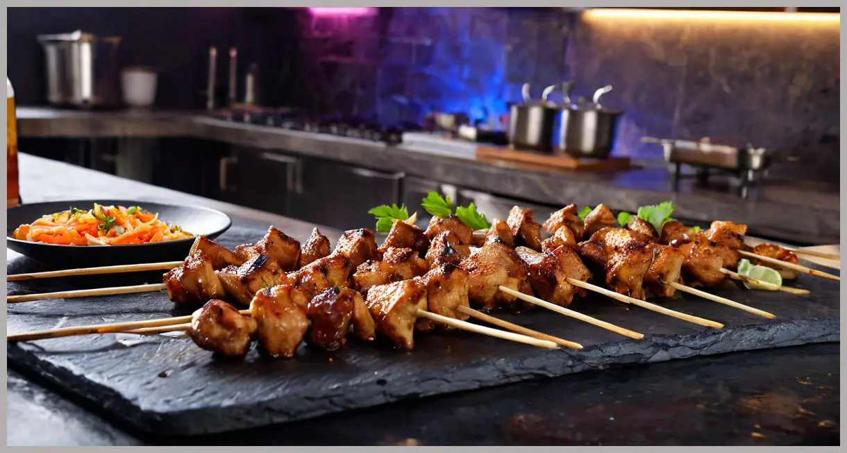 Dutch angle shot of five-spice chicken skewers under neon bar lighting, glossy hoisin drizzle, smoky char, vibrant blue-purple glow. Five-spice chicken skewers with speedy chow mein