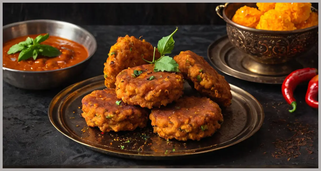 Dutch angle of Jodhpuri mirchi vada stack on brass tray, tamarind drizzle, neon diya glow. Jodhpuri mirchi vada (spiced chilli fritters)