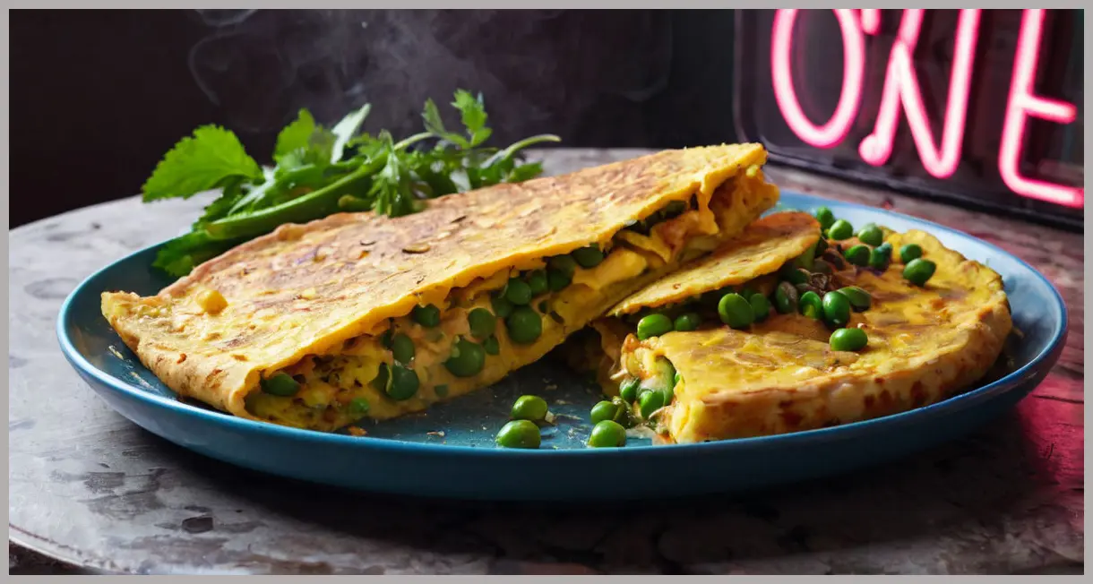 Close-up of a sliced spicy vegan omelette under neon diner lights, revealing its fluffy, spiced interior and vibrant toppings. Spicy vegan omelette