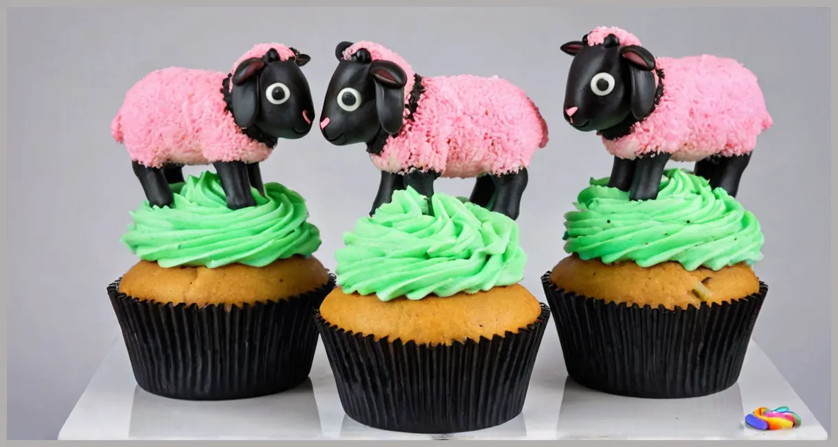 Spring lamb cupcakes under cool neon glow, top-down view of black sugarpaste lambs with white marshmallow wool, high contrast and futuristic vibe.