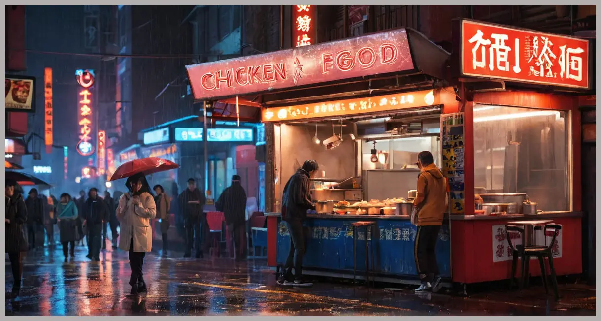 Cinematic shot of a street food stall serving chicken and egg fried rice under neon lights. Rain-soaked pavement, bustling night scene. Chicken and egg fried rice