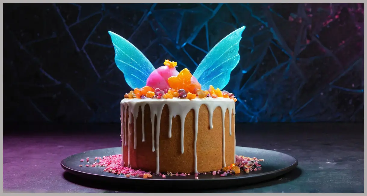 A Sugarplum fairy cake under neon glow, caramel shards like gemstones, buttercream casting futuristic shadows, cyberpunk bakery vibe.