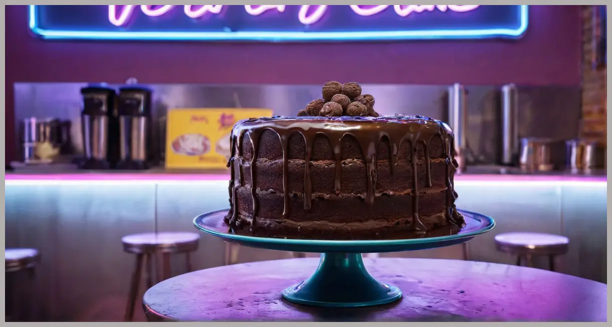 Vegan chocolate cake on a vintage stand, neon glow casting purple hues, ganache drips and jam layers in dynamic Dutch angle.
