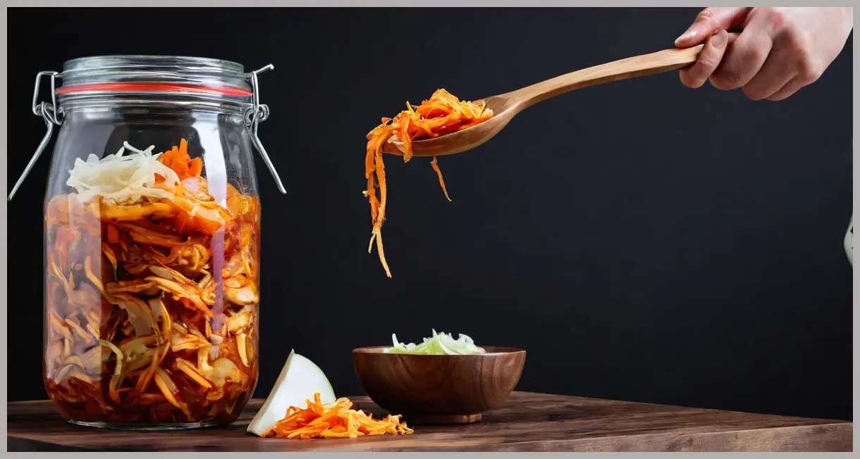 Dutch angle shot of a jar of vegan kimchi, wooden spoon lifting a portion under cool neon blue light. High contrast, modern vibe. Vegan kimchi